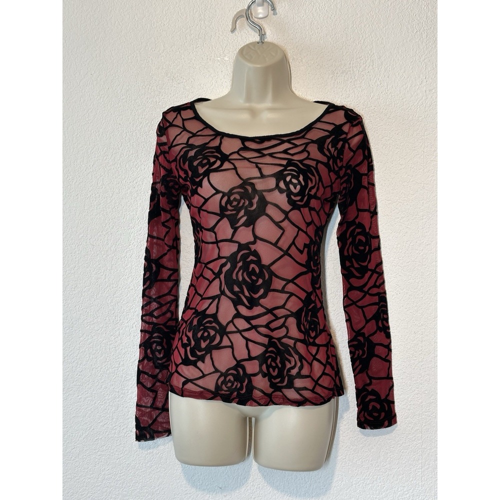 Y2K Long Sleeve Red Mesh Black Velvet Roses Top Size Small‎ Layering Whimsigoth